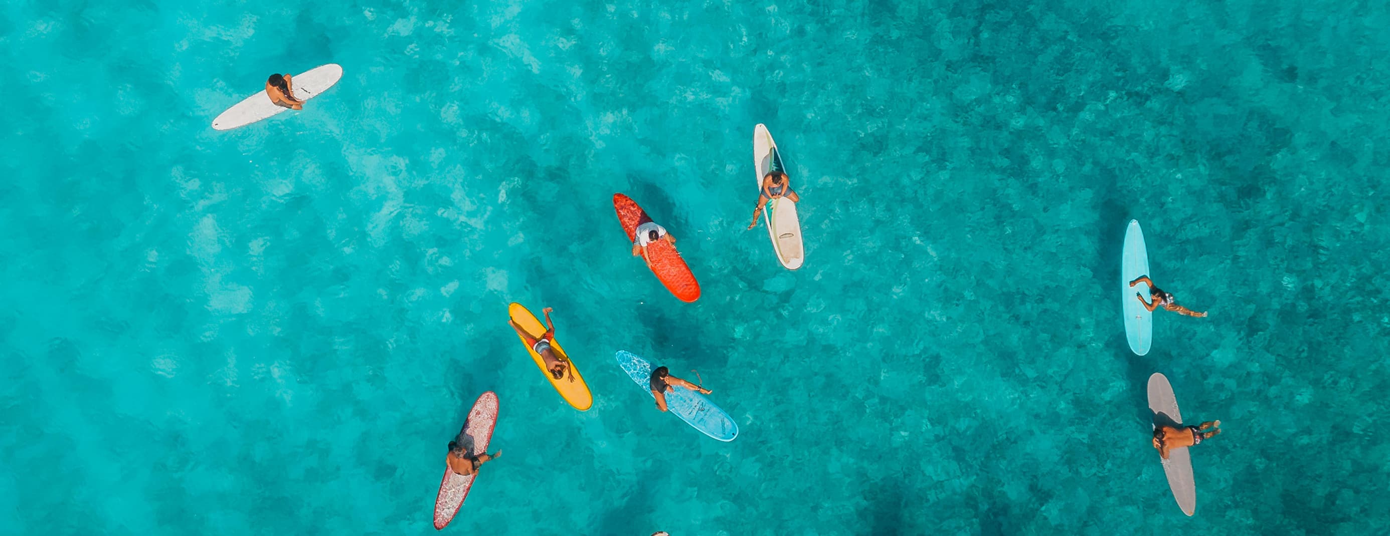 Aerial view of surfers in turquoise water near a tropical beach